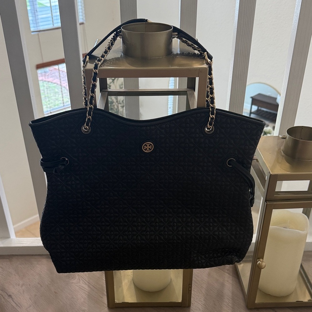 Tory Burch Black Quilted Logo Tote with Gold Chain-Strap Accents